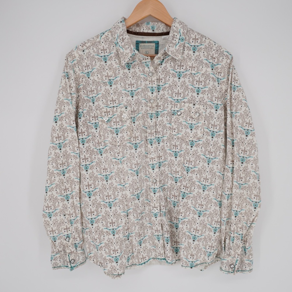 Panhandle Slim Corduroy Gem Pearl Snap Western Shirt Women L Bull Horn Geometric